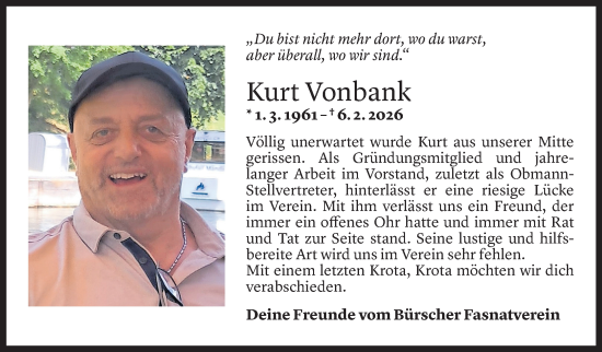Todesanzeige von Kurt Vonbank von Vorarlberger Nachrichten