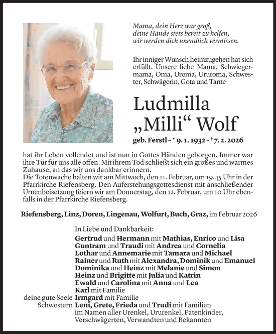 Todesanzeige von Ludmilla Wolf von Vorarlberger Nachrichten