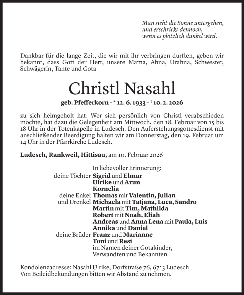 Todesanzeige für Christl Nasahl vom 12.02.2026 aus Vorarlberger Nachrichten