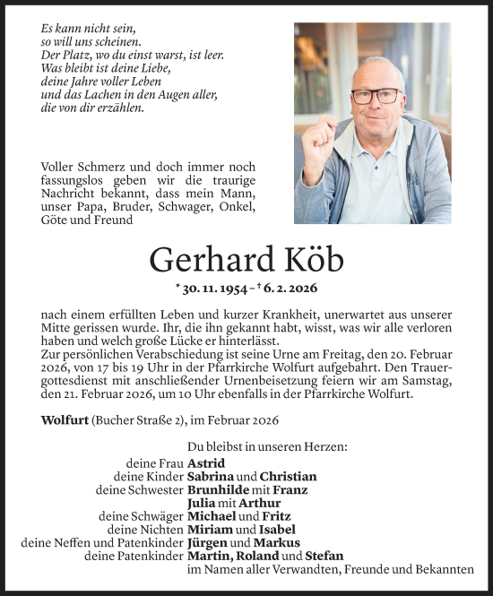 Todesanzeige von Gerhard Köb von Vorarlberger Nachrichten