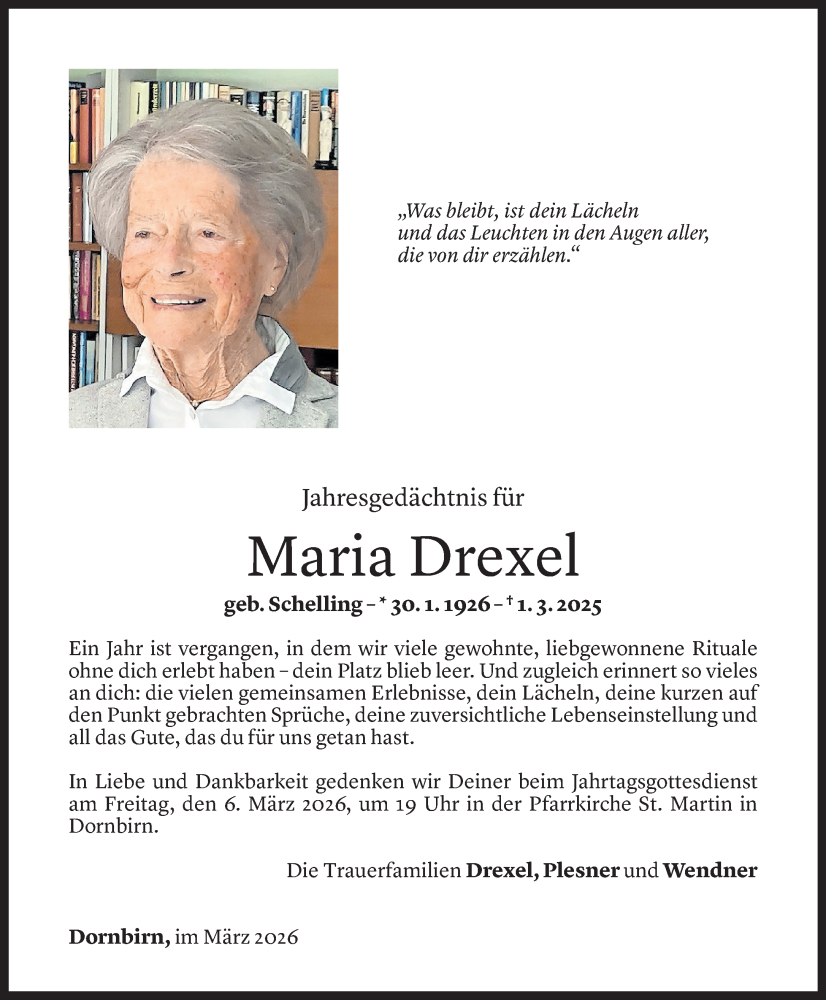  Todesanzeige für Maria Drexel vom 26.02.2026 aus Vorarlberger Nachrichten