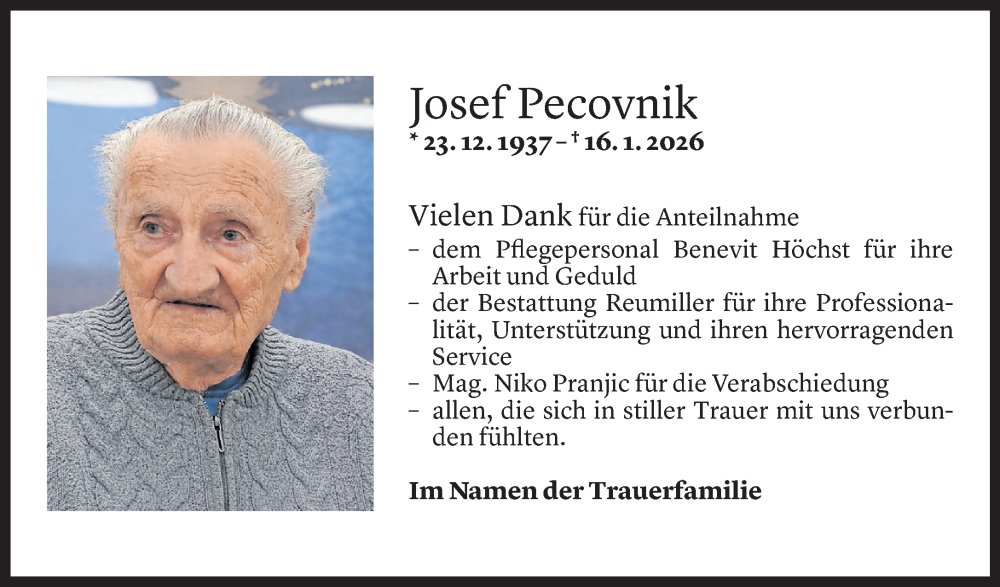  Todesanzeige für Josef Pecovnik vom 02.02.2026 aus Vorarlberger Nachrichten