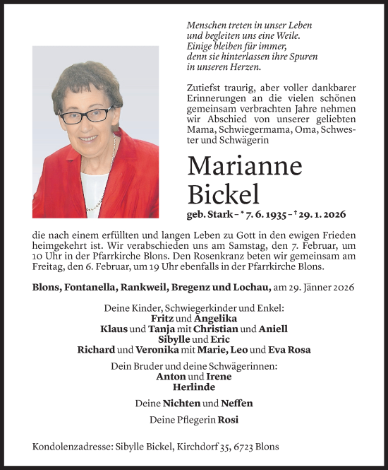 Todesanzeige von Marianne Bickel von Vorarlberger Nachrichten