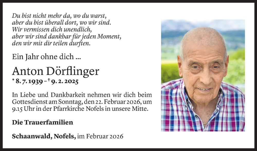  Todesanzeige für Anton Dörflinger vom 16.02.2026 aus Vorarlberger Nachrichten