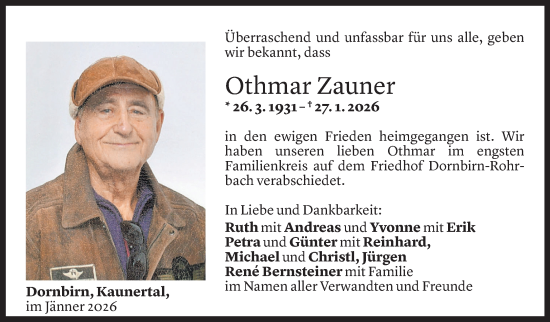 Todesanzeige von Othmar Zauner von Vorarlberger Nachrichten