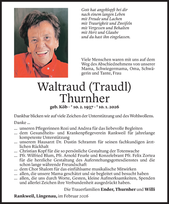 Todesanzeige von Waltraud Thurnher von Vorarlberger Nachrichten