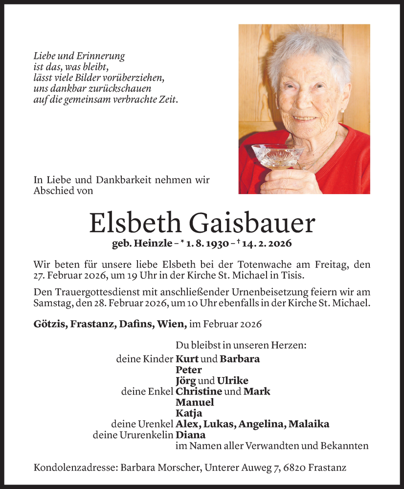  Todesanzeige für Elsbeth Gaisbauer vom 19.02.2026 aus Vorarlberger Nachrichten