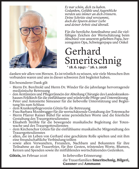 Todesanzeige von Gerhard Smeritschnig von Vorarlberger Nachrichten