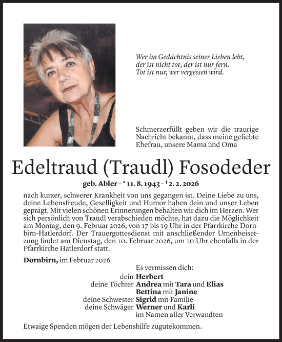 Todesanzeige von Edeltraud Fosodeder von Vorarlberger Nachrichten