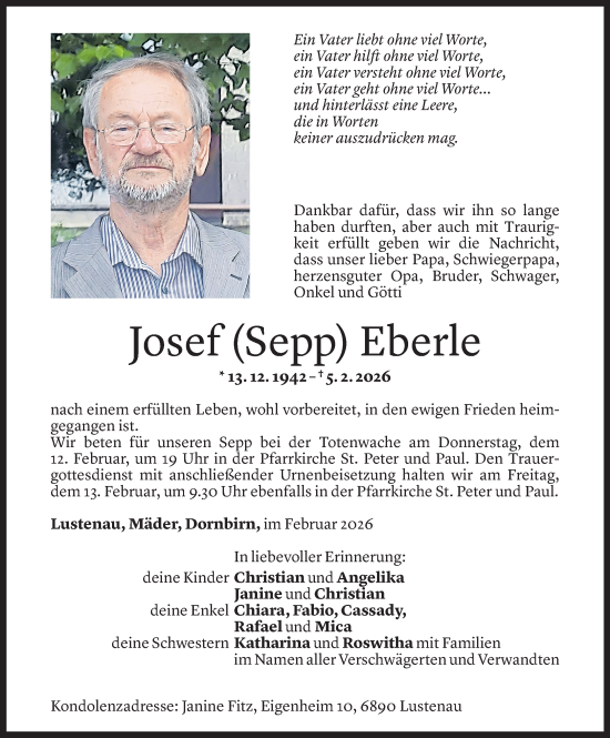 Todesanzeige von Josef Eberle von Vorarlberger Nachrichten