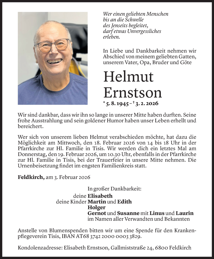  Todesanzeige für Helmut Ernstson vom 11.02.2026 aus Vorarlberger Nachrichten