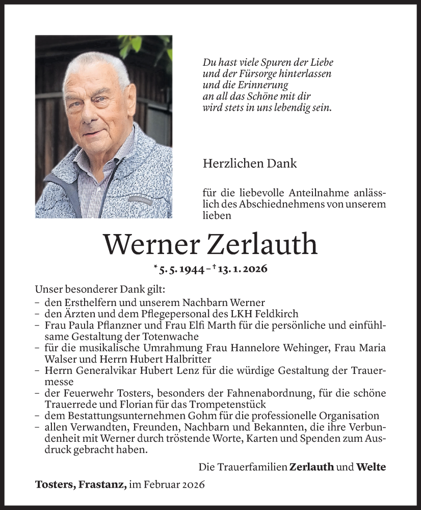  Todesanzeige für Werner Zerlauth vom 10.02.2026 aus Vorarlberger Nachrichten
