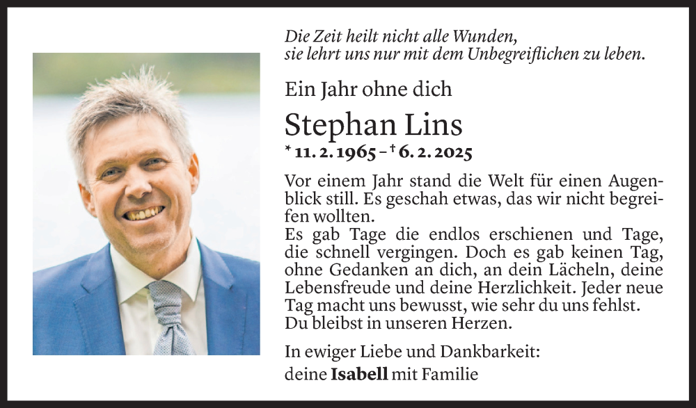  Todesanzeige für Stephan Lins vom 05.02.2026 aus Vorarlberger Nachrichten