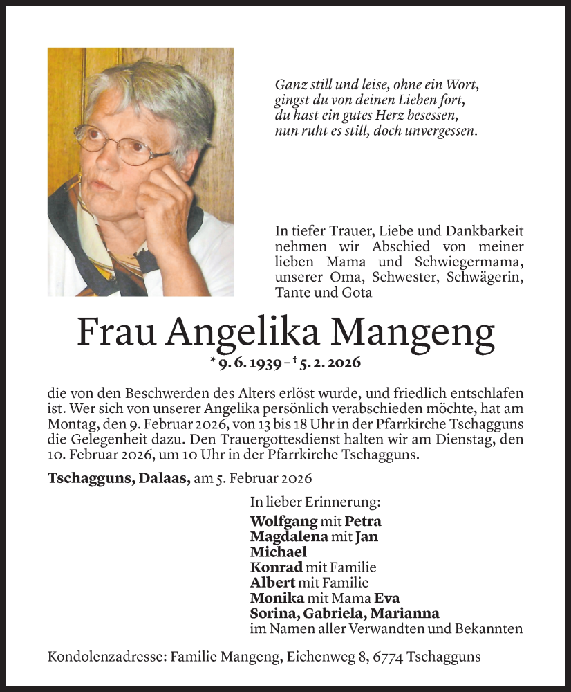  Todesanzeige für Angelika Mangeng vom 07.02.2026 aus Vorarlberger Nachrichten