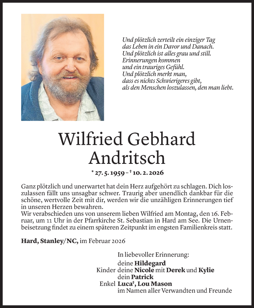  Todesanzeige für Wilfried Gebhard Andritsch vom 13.02.2026 aus Vorarlberger Nachrichten
