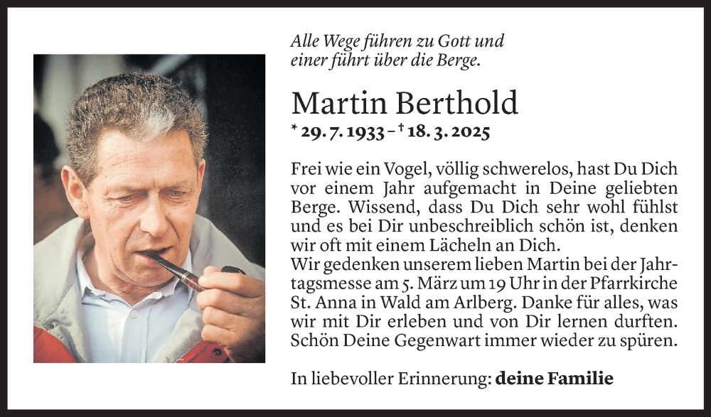  Todesanzeige für Martin Berthold vom 28.02.2026 aus Vorarlberger Nachrichten