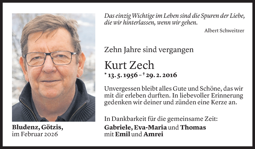  Todesanzeige für Kurt Zech vom 28.02.2026 aus Vorarlberger Nachrichten