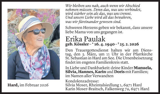 Todesanzeige von Erika Paulak von Vorarlberger Nachrichten