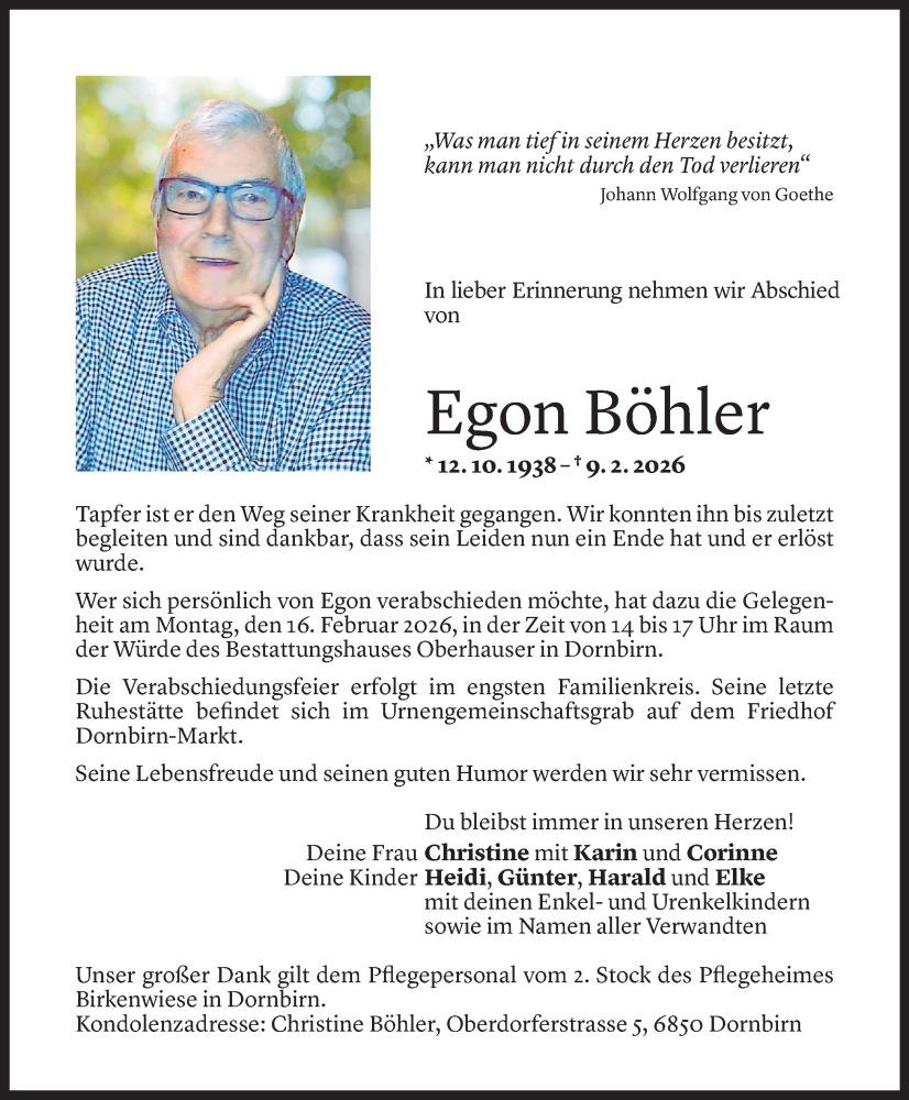 Todesanzeige für Egon Böhler vom 13.02.2026 aus Vorarlberger Nachrichten