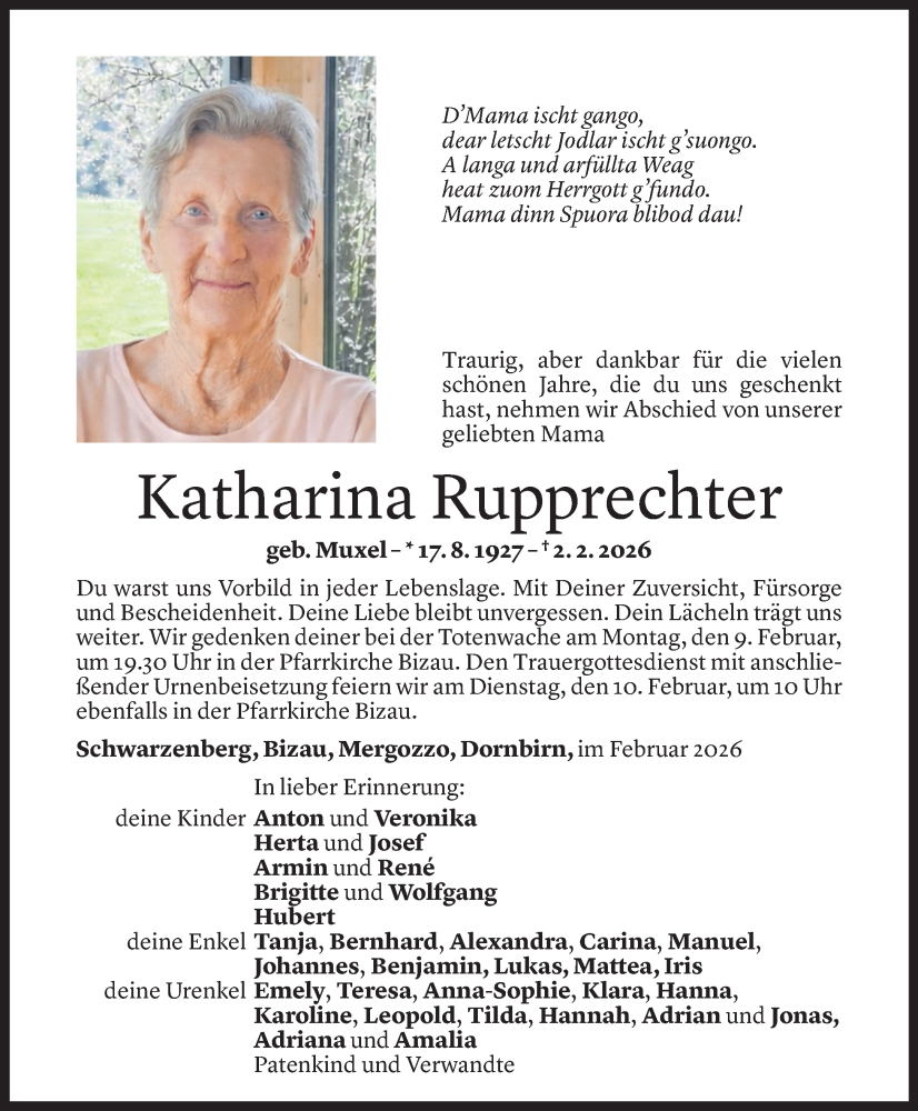  Todesanzeige für Katharina Rupprechter vom 06.02.2026 aus Vorarlberger Nachrichten