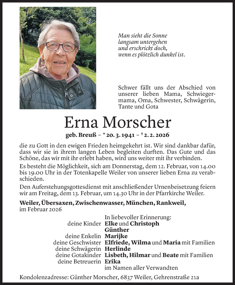  Todesanzeige für Erna Morscher vom 08.02.2026 aus Vorarlberger Nachrichten