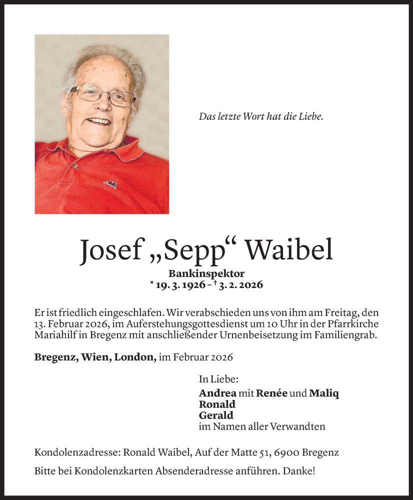  Todesanzeige für Josef Waibel vom 06.02.2026 aus Vorarlberger Nachrichten