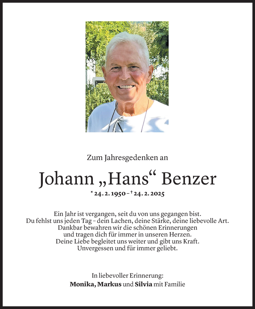  Todesanzeige für Johann Benzer vom 23.02.2026 aus Vorarlberger Nachrichten