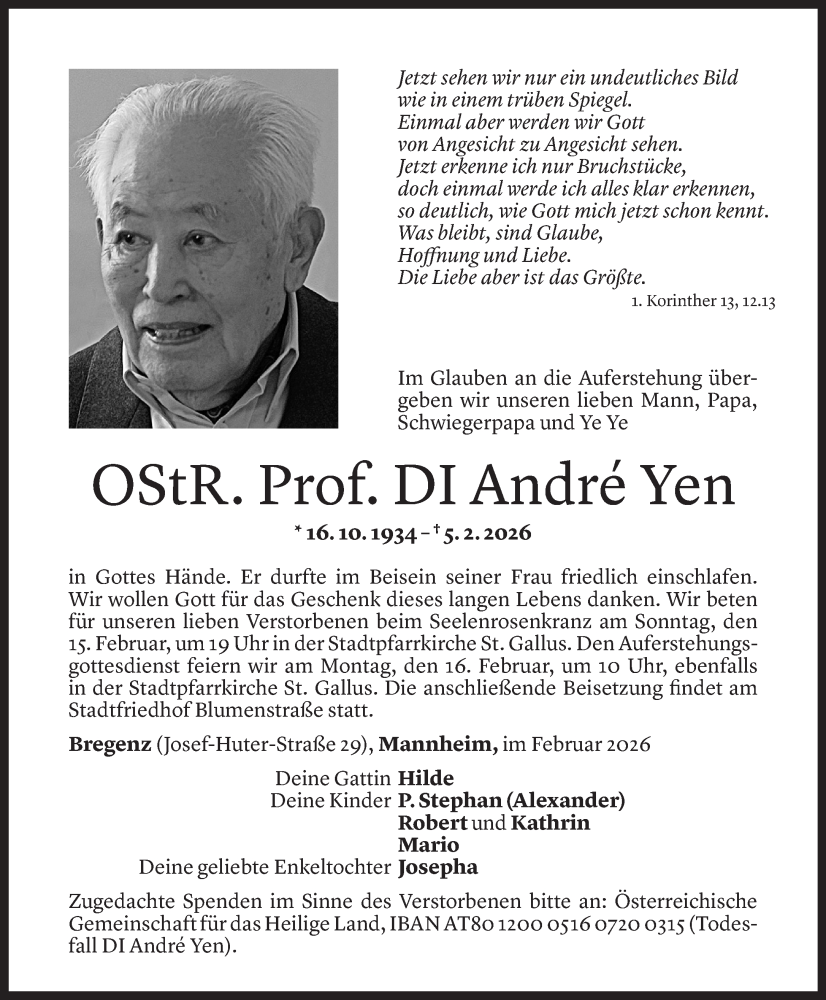  Todesanzeige für André Yen vom 11.02.2026 aus Vorarlberger Nachrichten