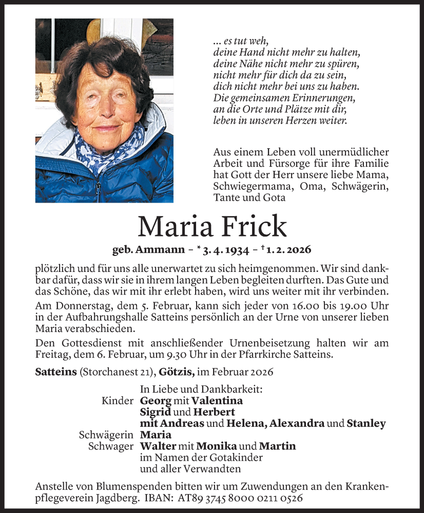  Todesanzeige für Maria Frick vom 03.02.2026 aus Vorarlberger Nachrichten