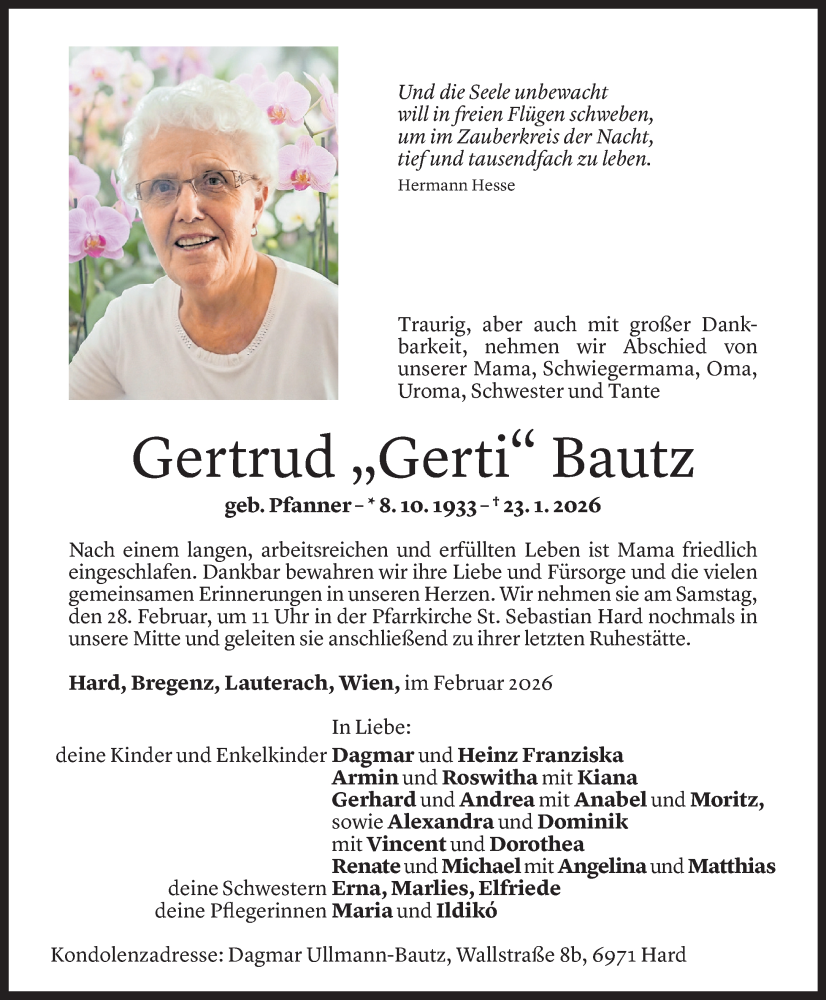  Todesanzeige für Gertrud Bautz vom 20.02.2026 aus Vorarlberger Nachrichten