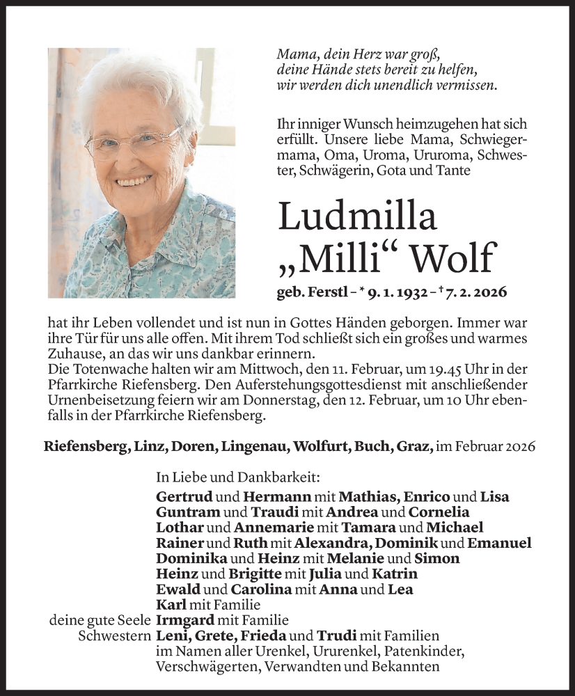  Todesanzeige für Ludmilla Wolf vom 09.02.2026 aus Vorarlberger Nachrichten