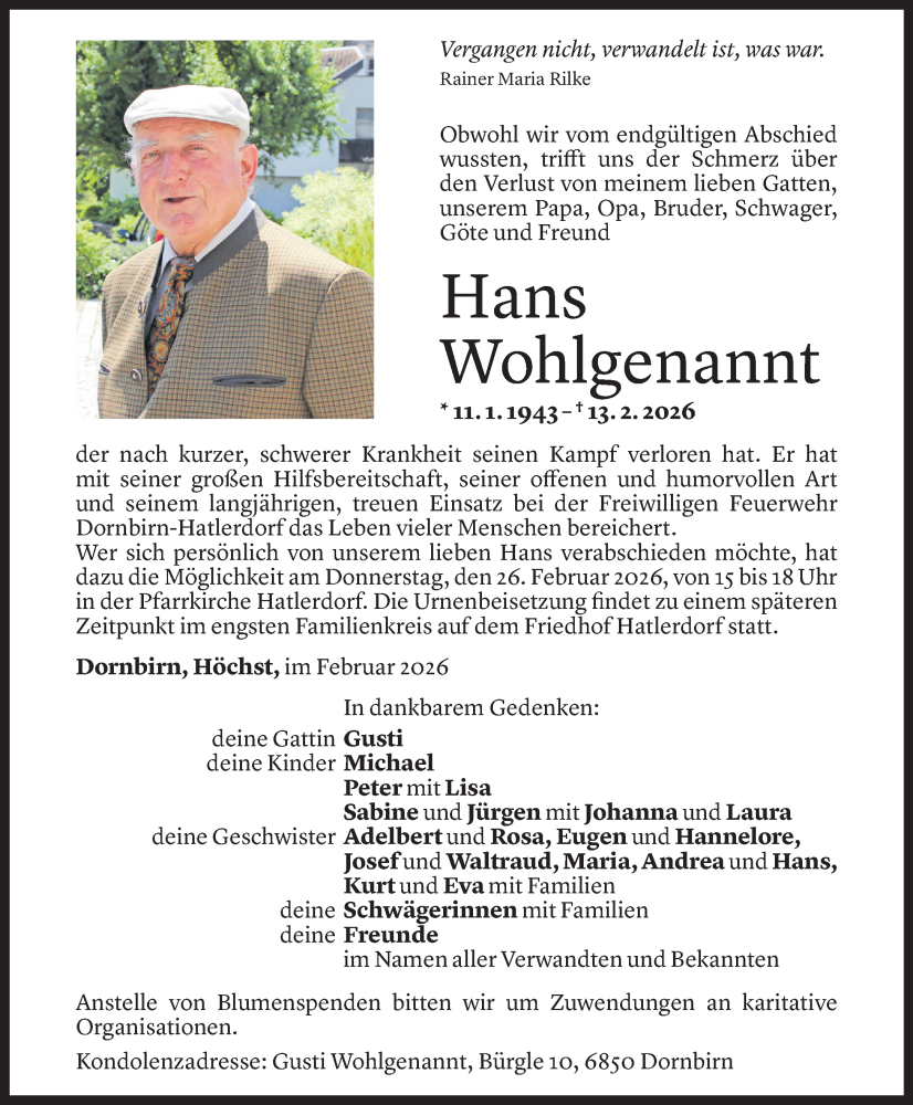  Todesanzeige für Hans Wohlgenannt vom 19.02.2026 aus Vorarlberger Nachrichten