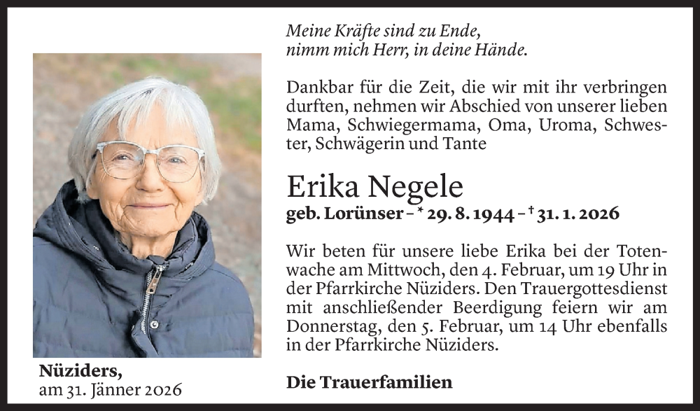  Todesanzeige für Erika Negele vom 02.02.2026 aus Vorarlberger Nachrichten