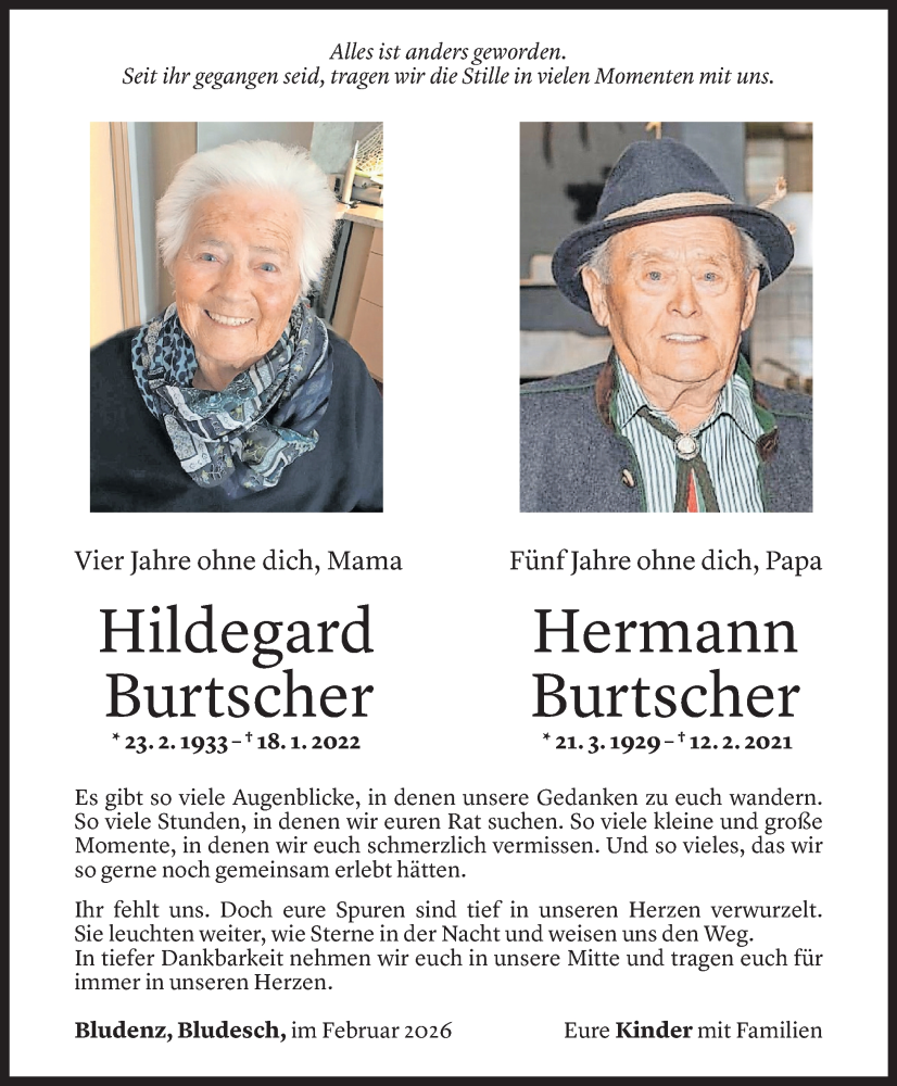  Todesanzeige für Hildegard Burtscher vom 11.02.2026 aus Vorarlberger Nachrichten