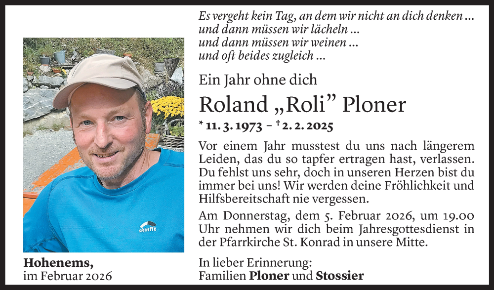  Todesanzeige für Roland Ploner vom 02.02.2026 aus Vorarlberger Nachrichten