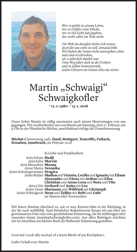  Todesanzeige für Martin Schwaigkofler vom 17.02.2026 aus Vorarlberger Nachrichten