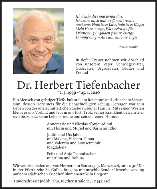 Todesanzeige von Herbert Tiefenbacher von Vorarlberger Nachrichten