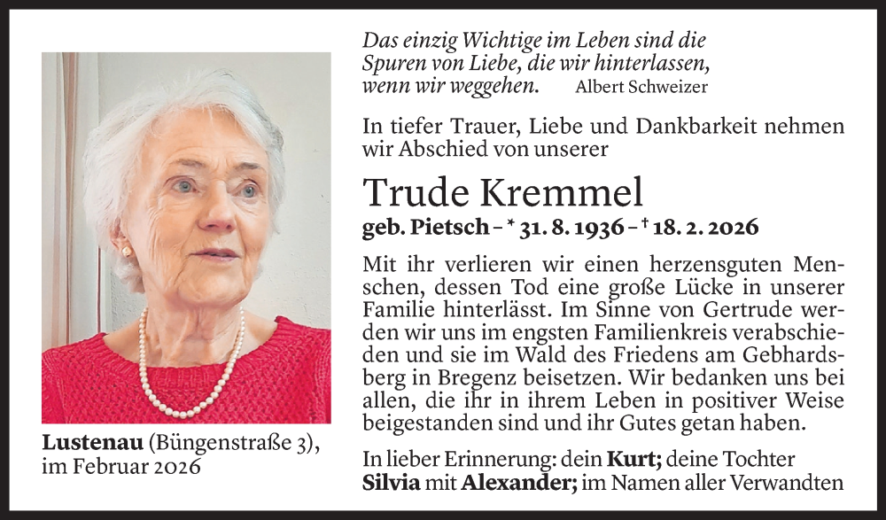  Todesanzeige für Gertrude Kremmel vom 21.02.2026 aus Vorarlberger Nachrichten