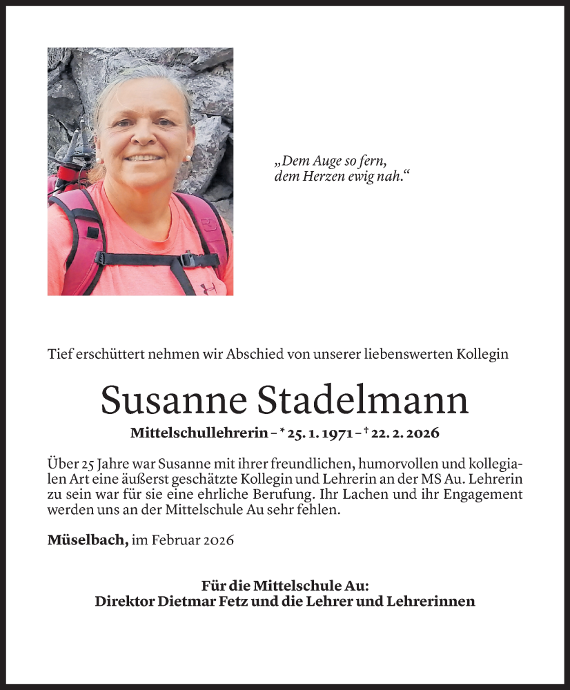  Todesanzeige für Susanne Stadelmann vom 25.02.2026 aus Vorarlberger Nachrichten