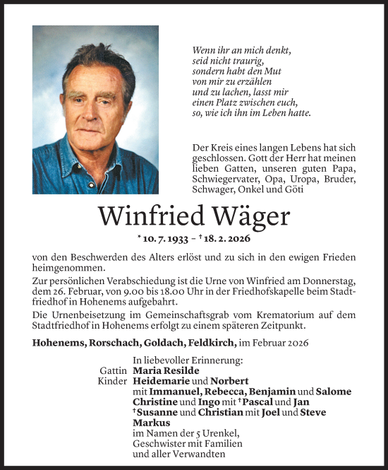 Todesanzeige von Winfried Wäger von Vorarlberger Nachrichten