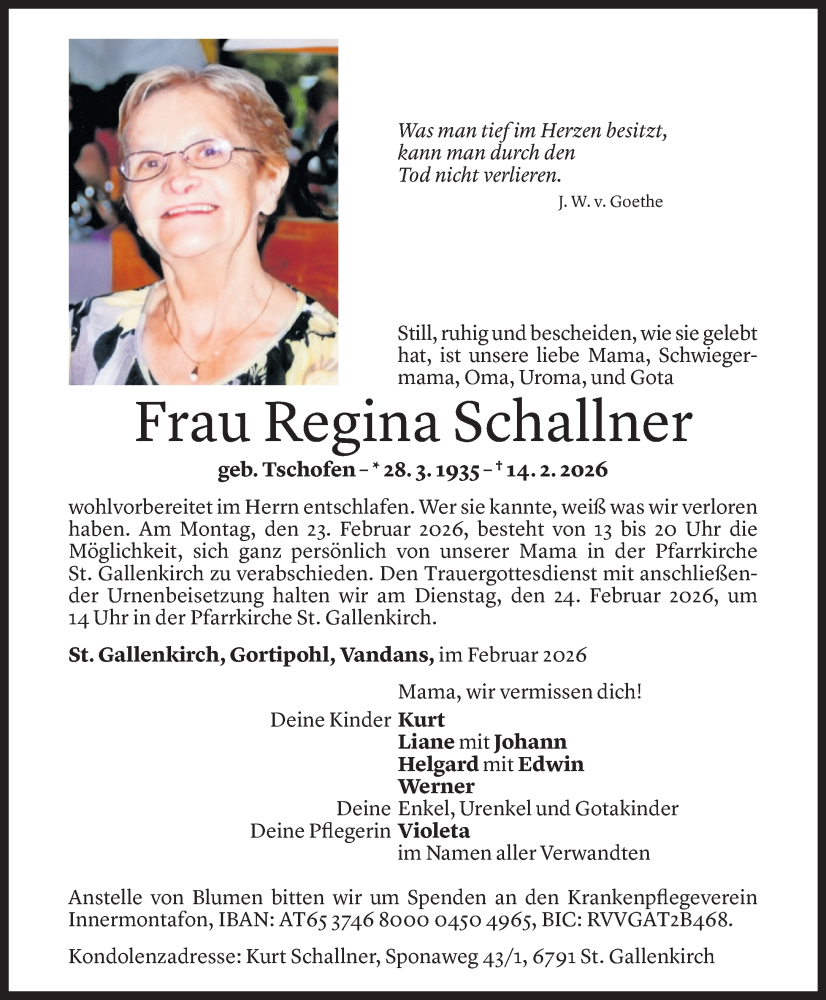  Todesanzeige für Regina Schallner vom 19.02.2026 aus Vorarlberger Nachrichten