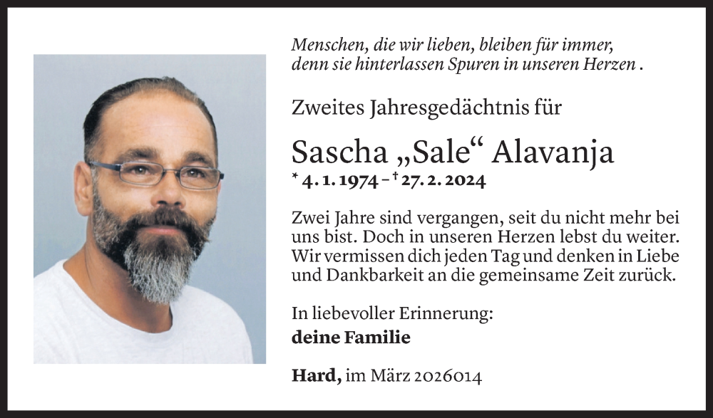  Todesanzeige für Sascha Alavanja vom 25.02.2026 aus Vorarlberger Nachrichten