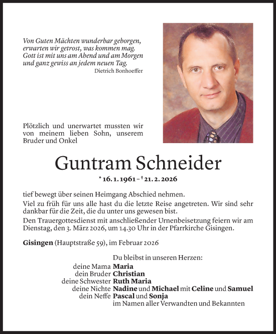 Todesanzeige von Guntram Schneider von Vorarlberger Nachrichten