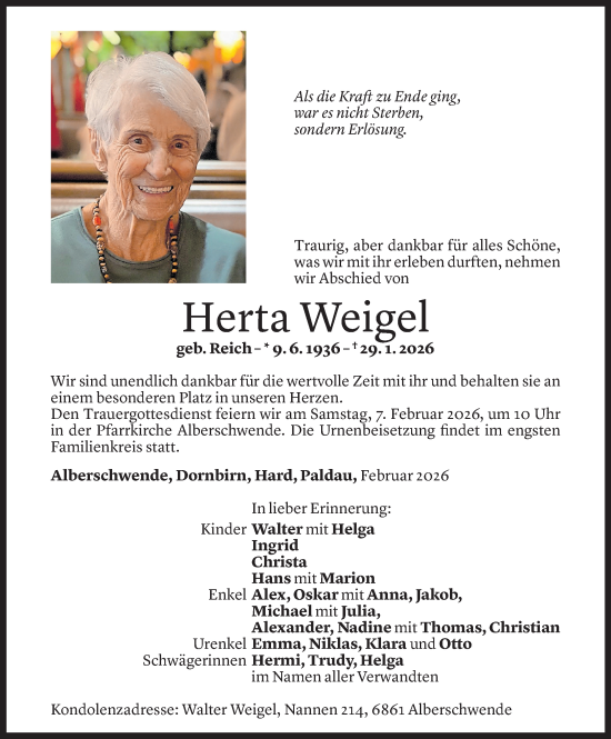 Todesanzeige von Herta Weigel von Vorarlberger Nachrichten