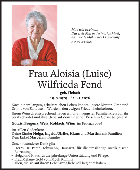 Todesanzeige von Aloisia Wilfrieda Fend von Vorarlberger Nachrichten