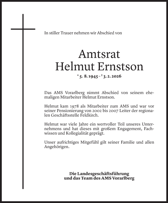 Todesanzeige von Helmut Ernstson von Vorarlberger Nachrichten