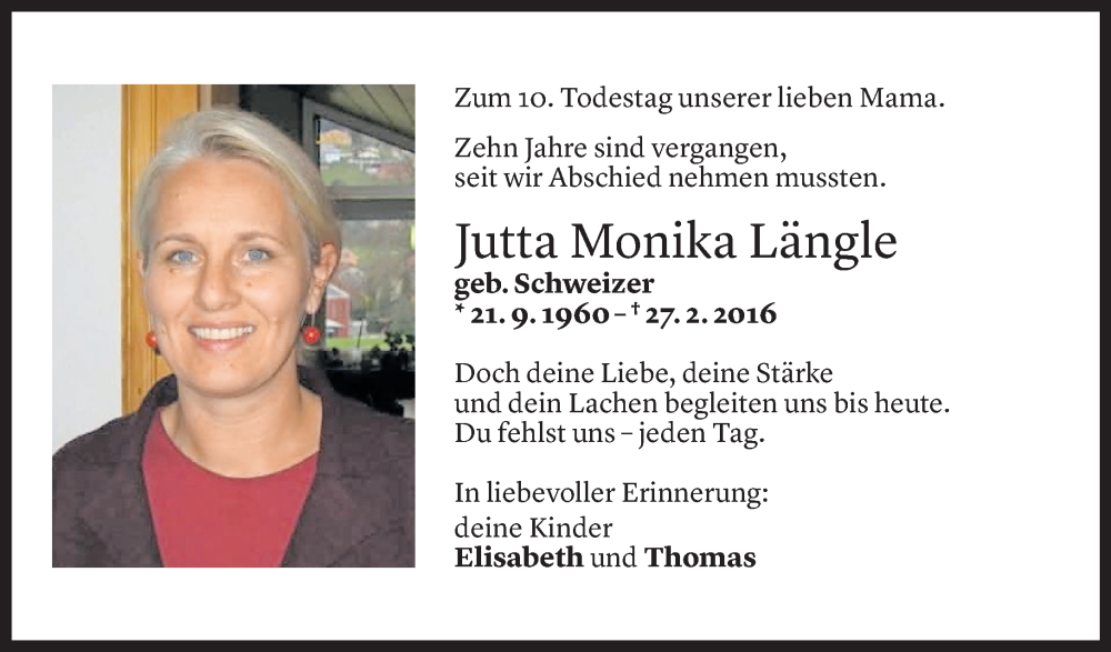  Todesanzeige für Jutta Monika Längle vom 25.02.2026 aus Vorarlberger Nachrichten