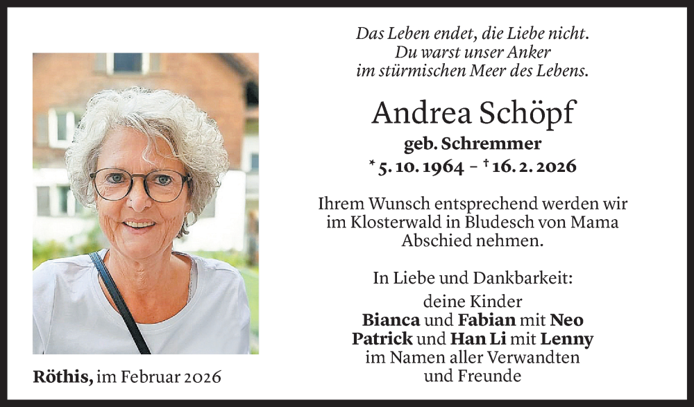  Todesanzeige für Andrea Schöpf vom 20.02.2026 aus vn