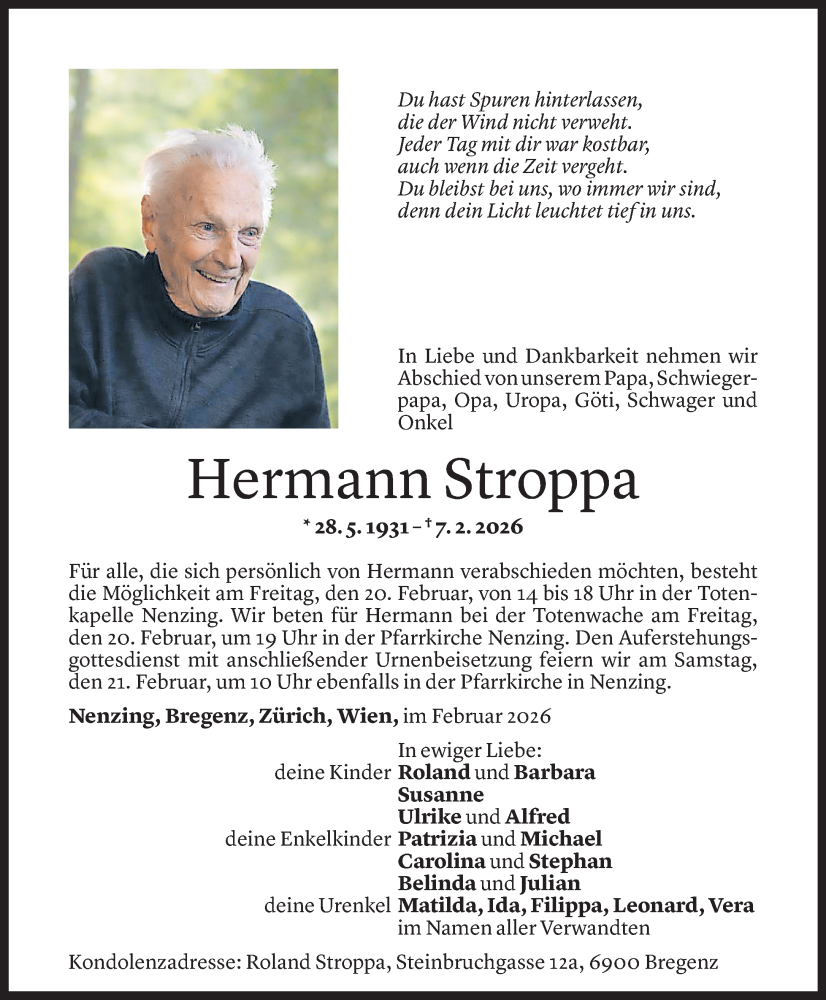  Todesanzeige für Hermann Stroppa vom 10.02.2026 aus Vorarlberger Nachrichten