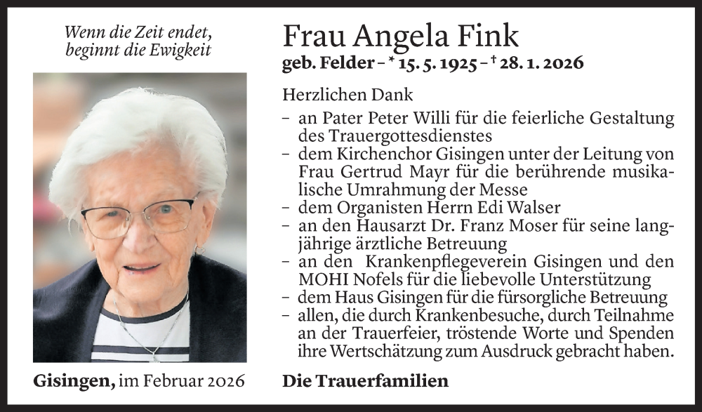 Todesanzeige für Angela Fink vom 18.02.2026 aus Vorarlberger Nachrichten